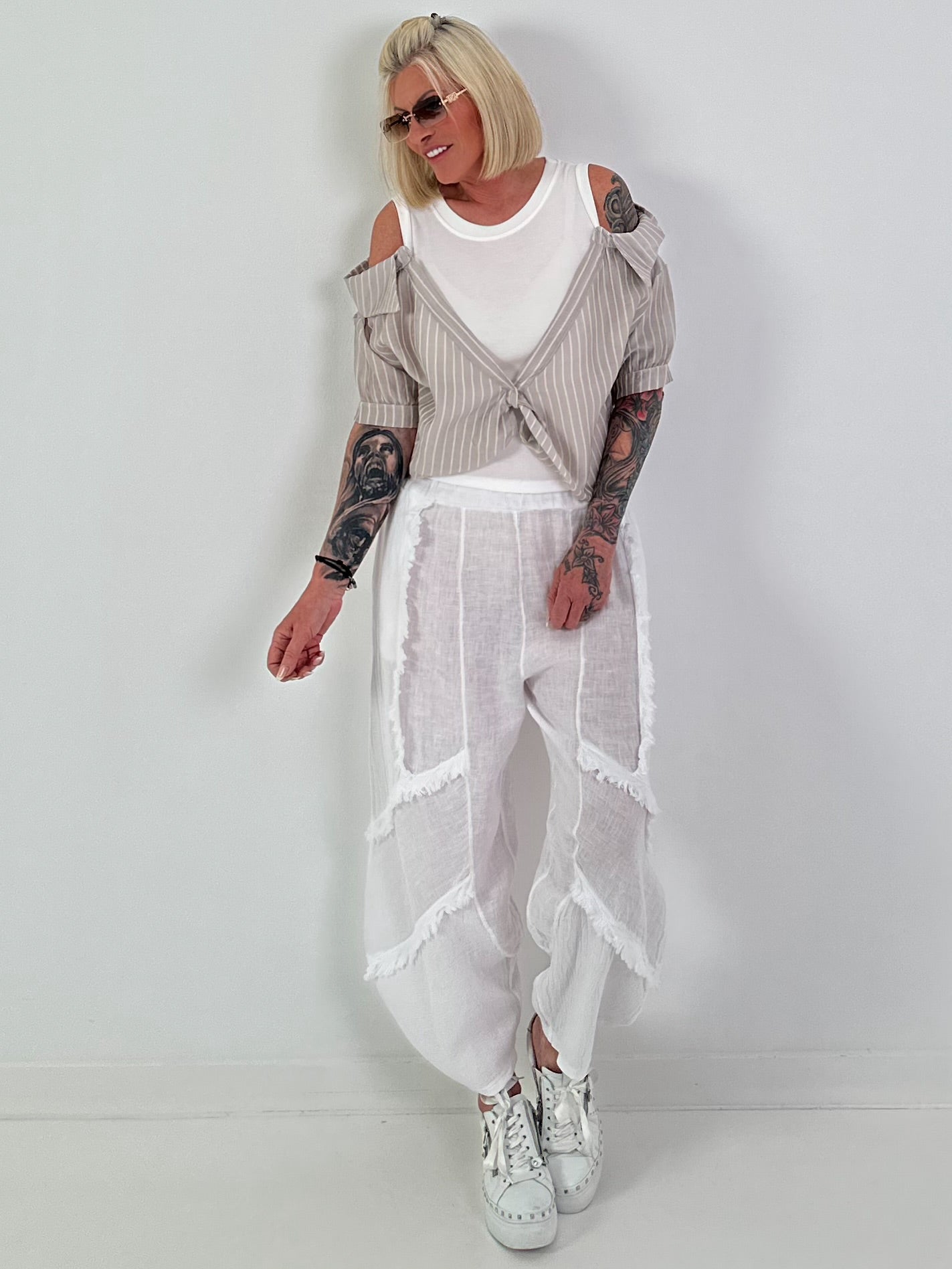 Rib Top with Blouse Layering - white-beige