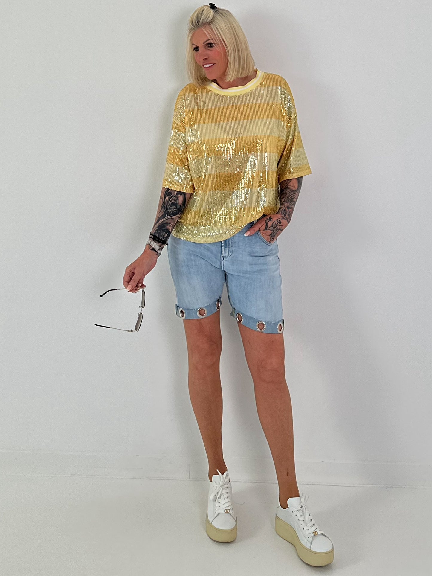 Pailletten Shirt mit Streifen - gelb-champagner