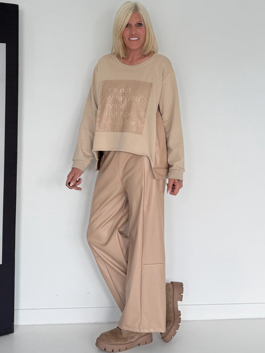 Sweater with faux leather details - beige