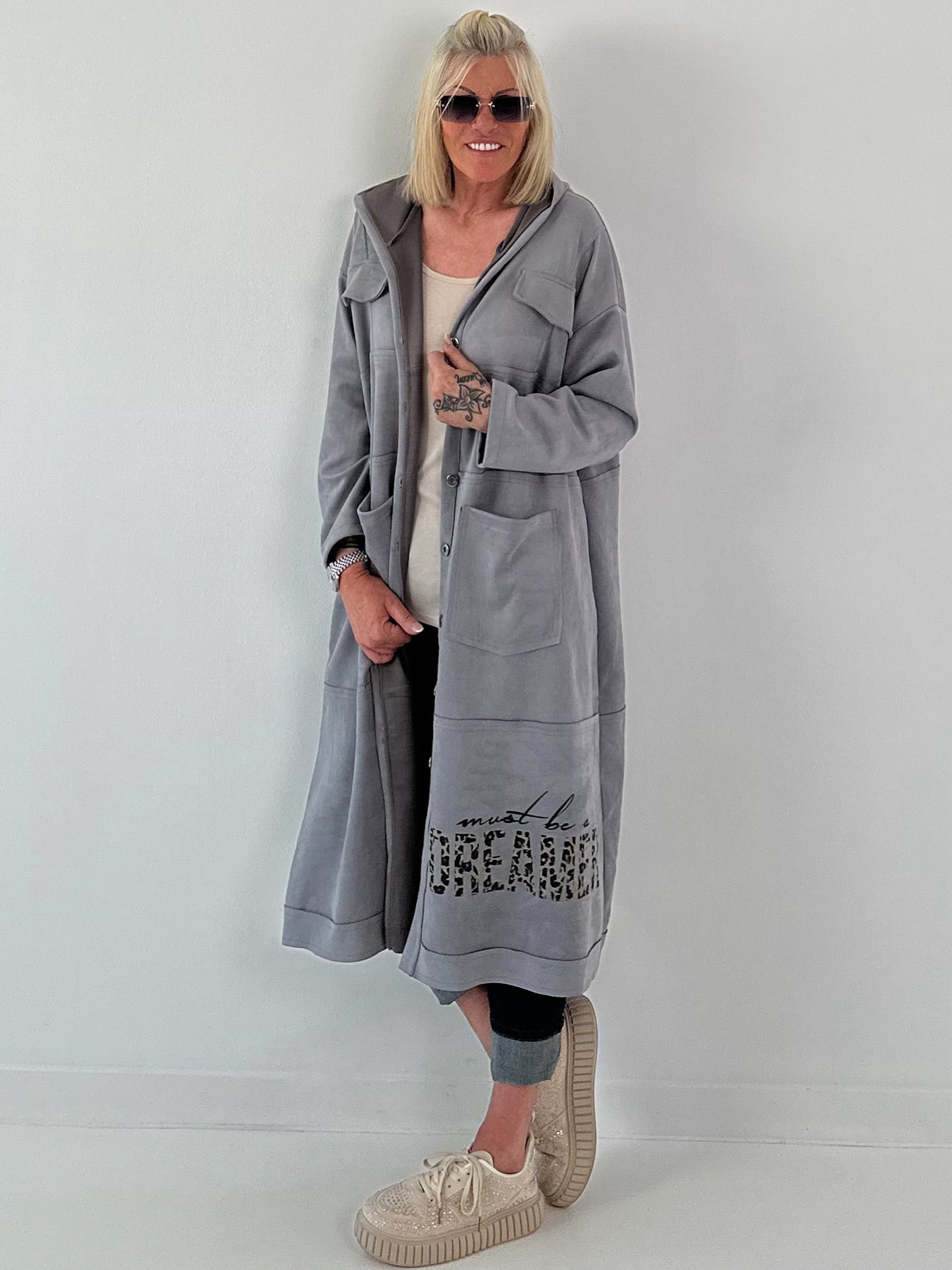 Hooded coat with print - gray
