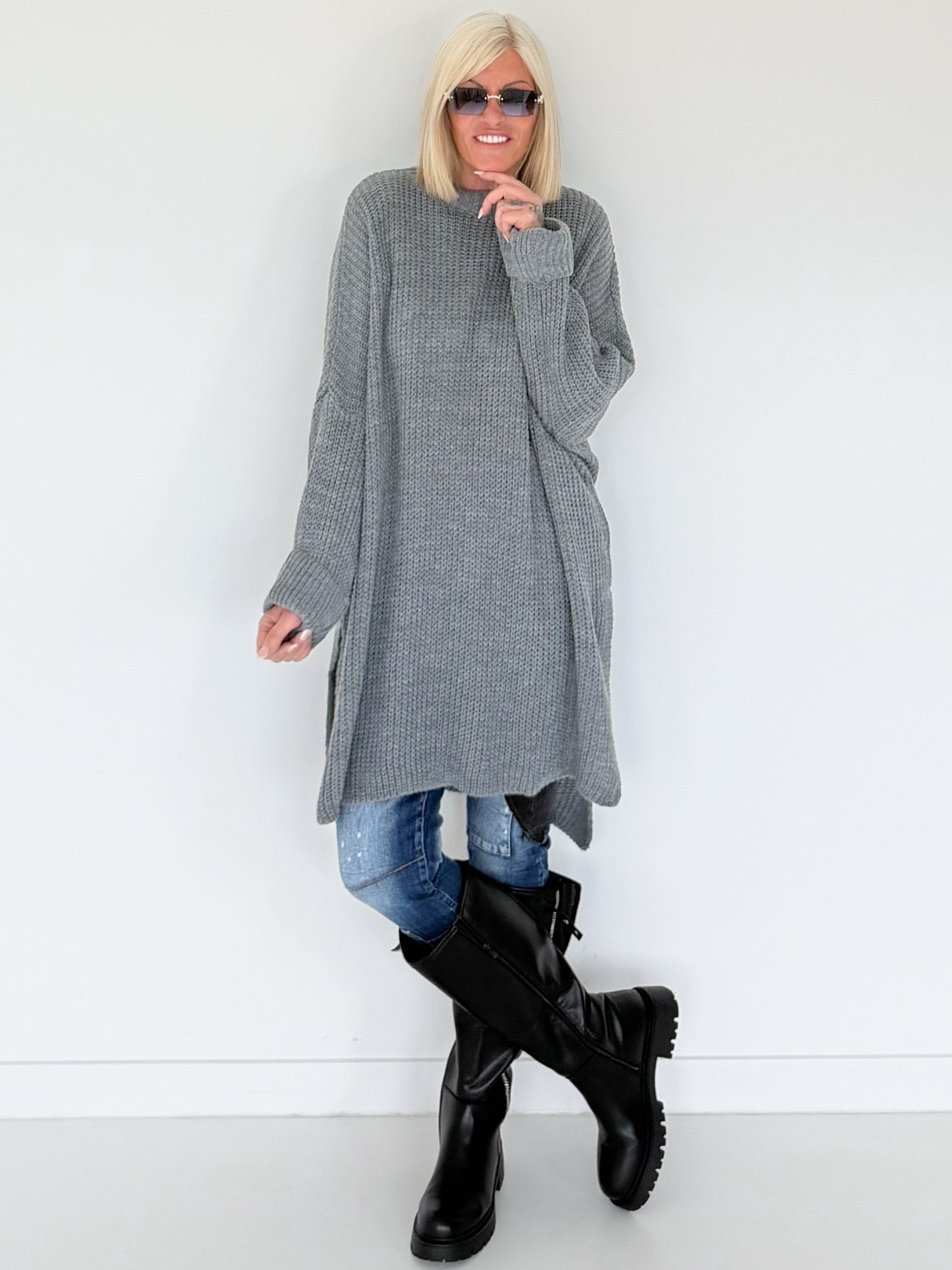 Long Strickpullover - grau