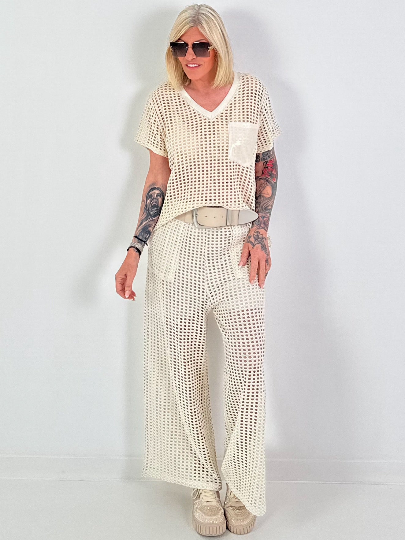 Crochet trousers with lurex - beige