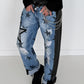 Boyfriend Jeans mit allover Sternen-Print und Ledereinsätzen - schwarz-denim