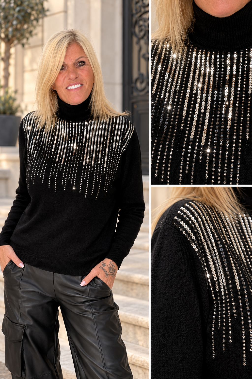 Rollkragenpullover mit Pailletten - schwarz