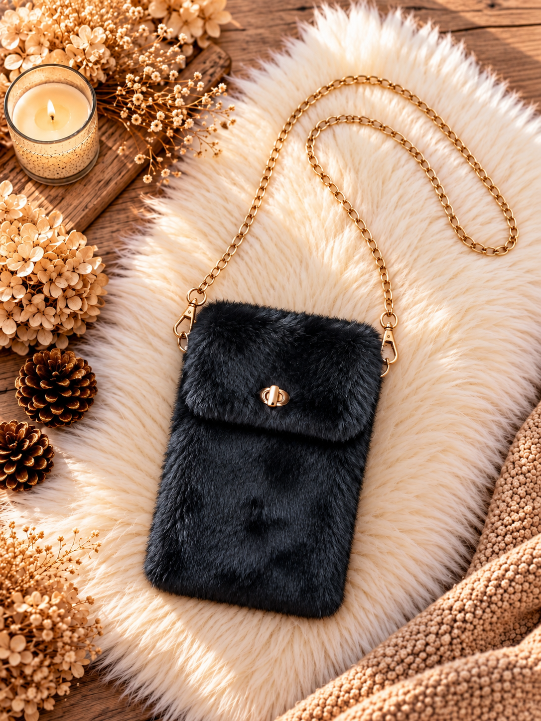 Kleine Felltasche / Phone Bag mit Twist Lock Verschluss - schwarz