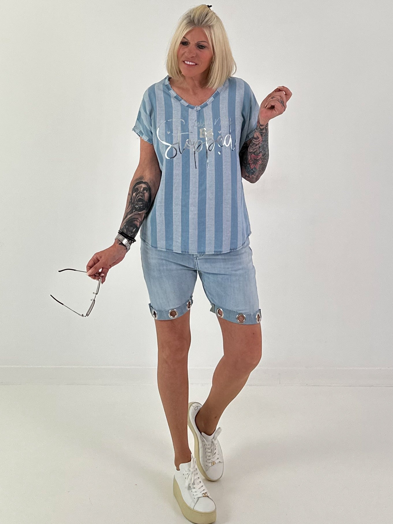 Jeansshirt mit Streifen- hellblau