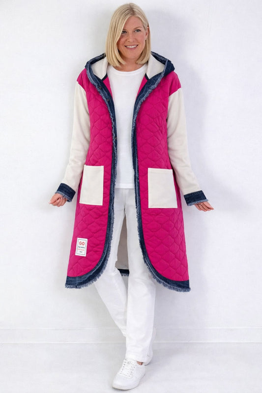 Sweatmantel mit Kapuze und Steppfront - beige-pink