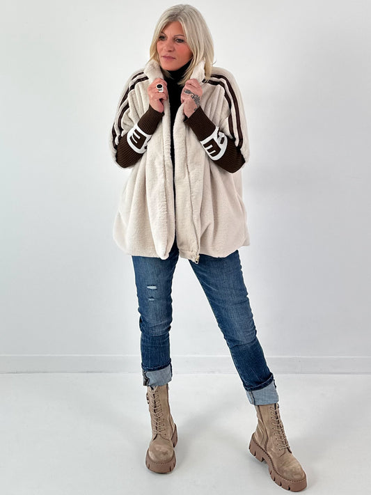 Bontjas met gebreide mouwen, model "Fluffline" - beige