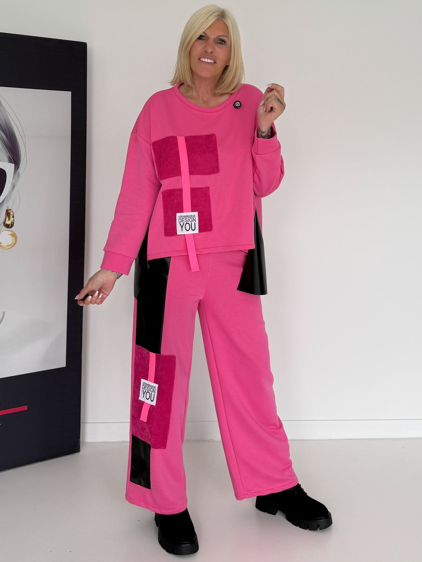 Stylischer Zweiteiler mit Lederoptik- und Kord-Details - pink