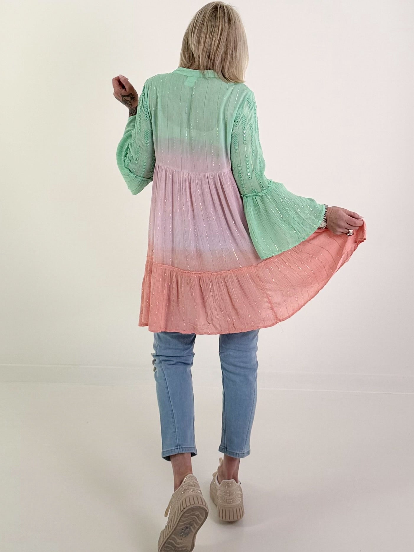 Ibiza Tunika/Kleid mit Lurexnähten - rosa-koralle-lindgrün