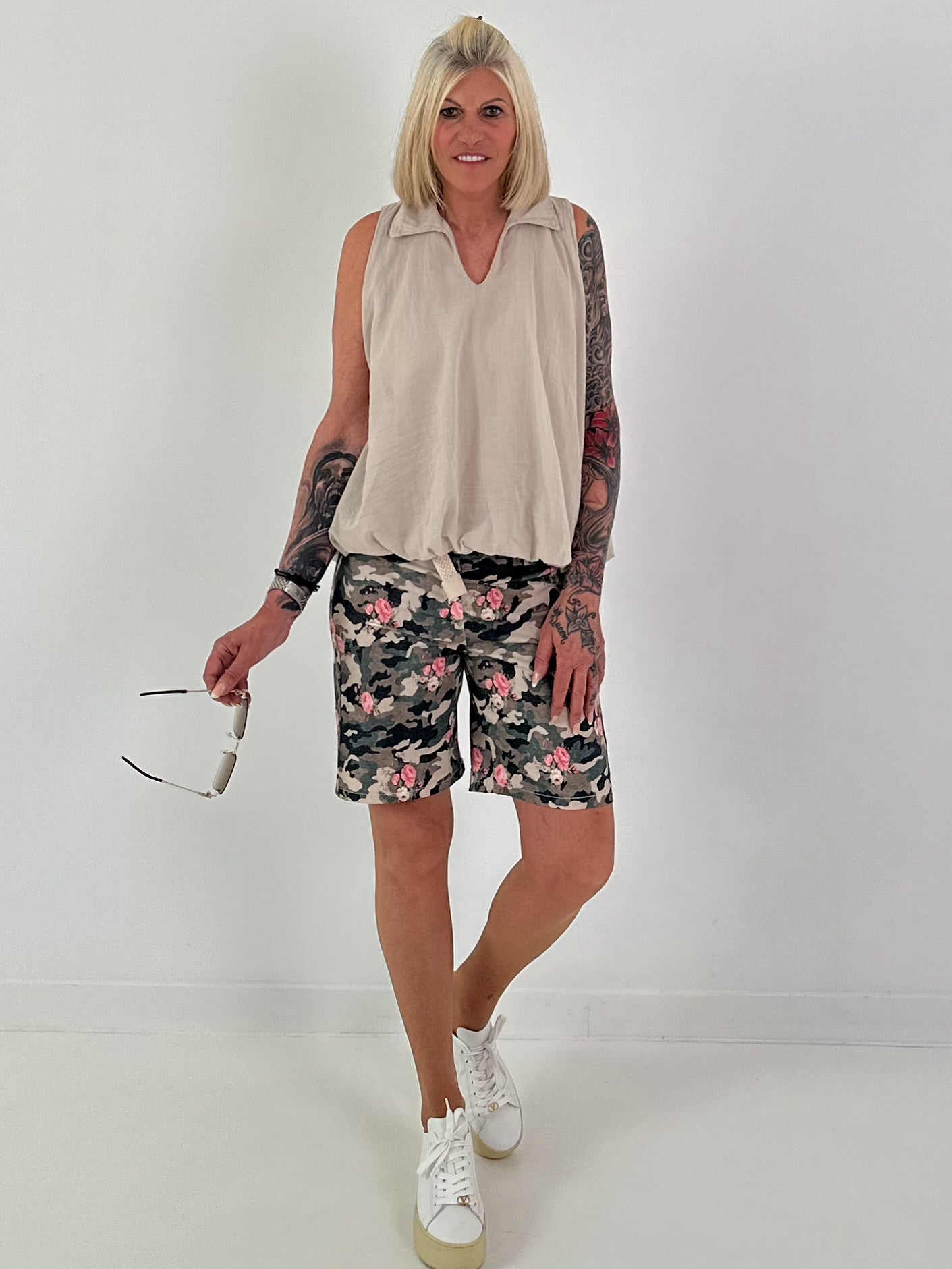 Ballon Blusen Top mit V-Neck - beige