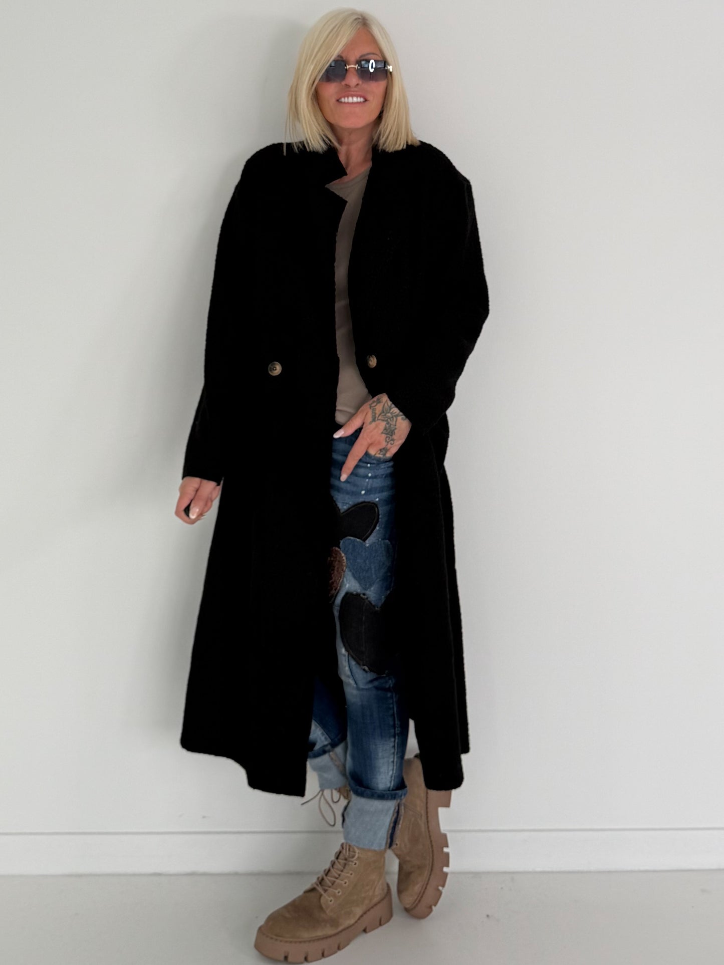 Weicher Bouclé Mantel - schwarz