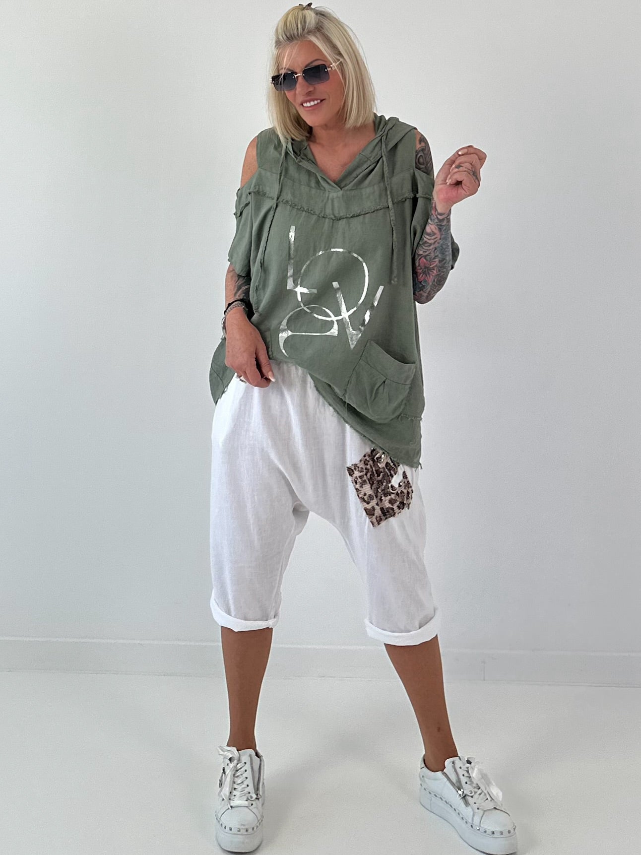 Linen Shirt with Off-Shoulder Cut-Outs Leo - beige