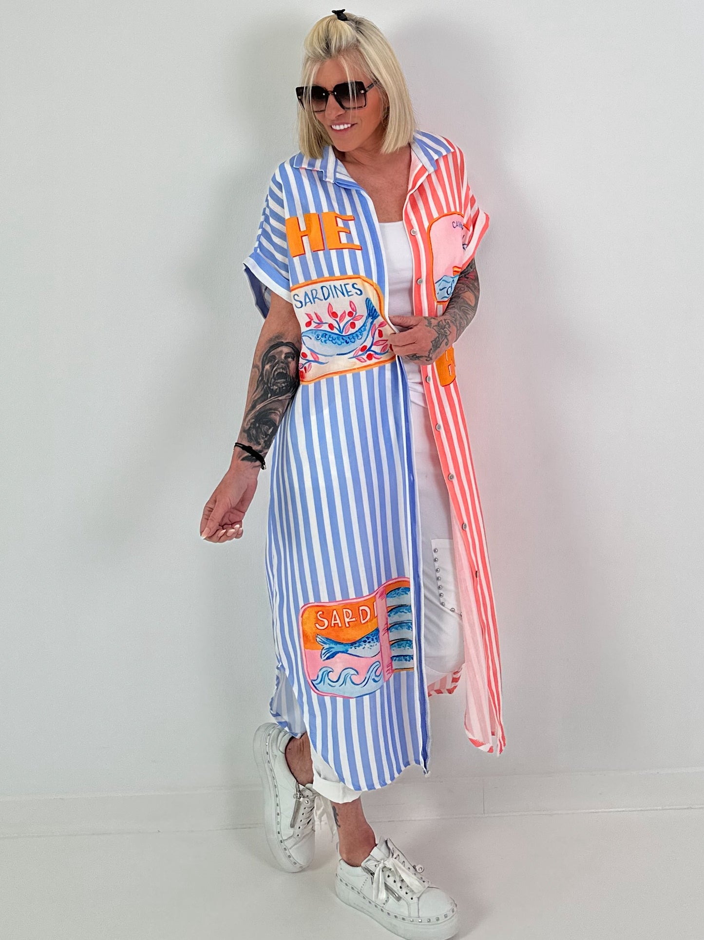 Blusenkleid mit Streifen und Printmix - weiss-korall-hellblau