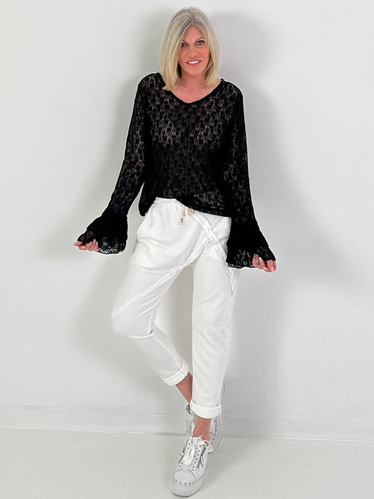 Blouse met bloemenkant - zwart