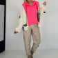 Oversized grofgebreide hoodie met sweat-inzetstuk - neonroze-ecru