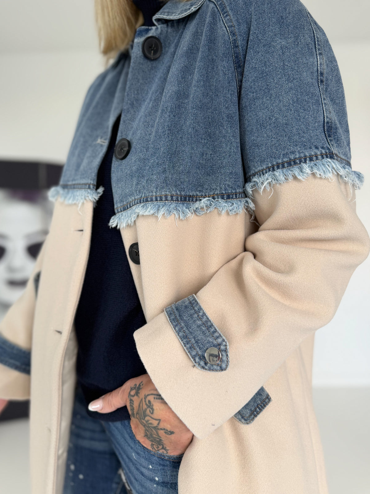 Mantel mit Denim-Einsätzen - denim-beige