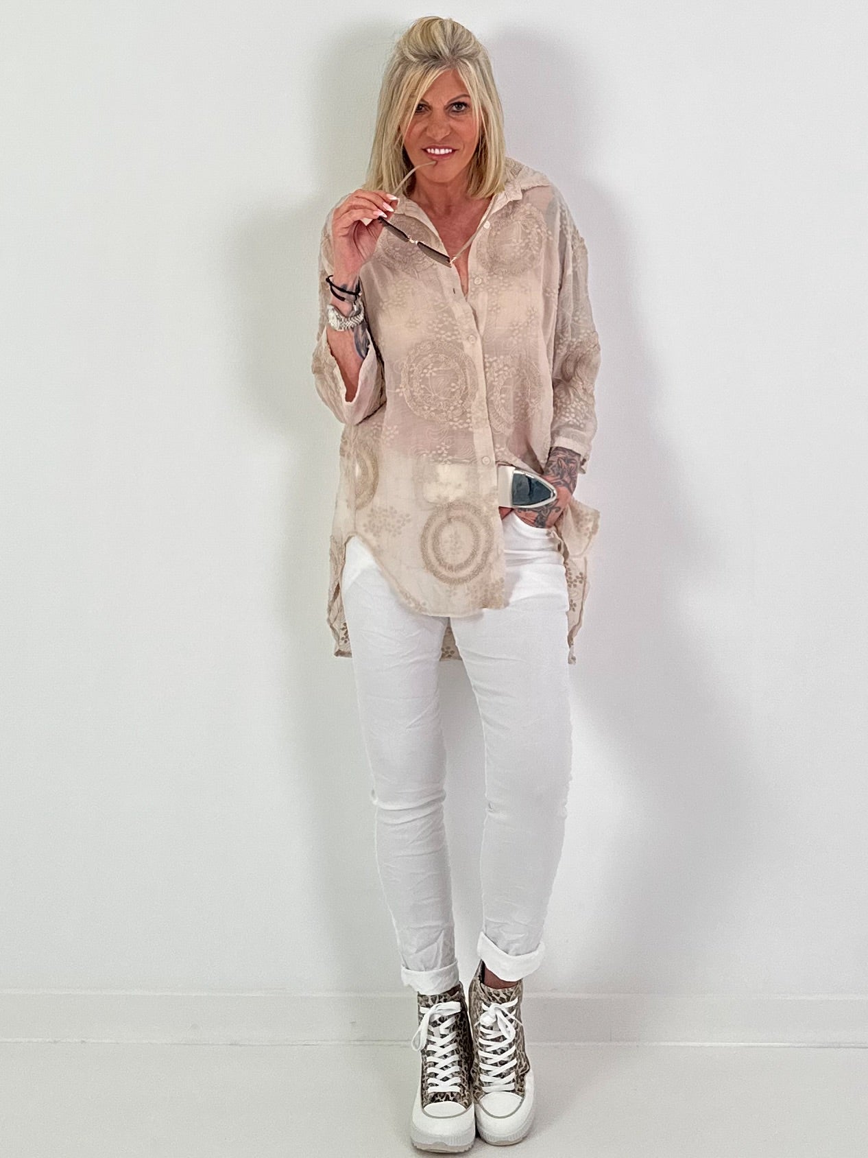 Silk blouse with terry applications - beige