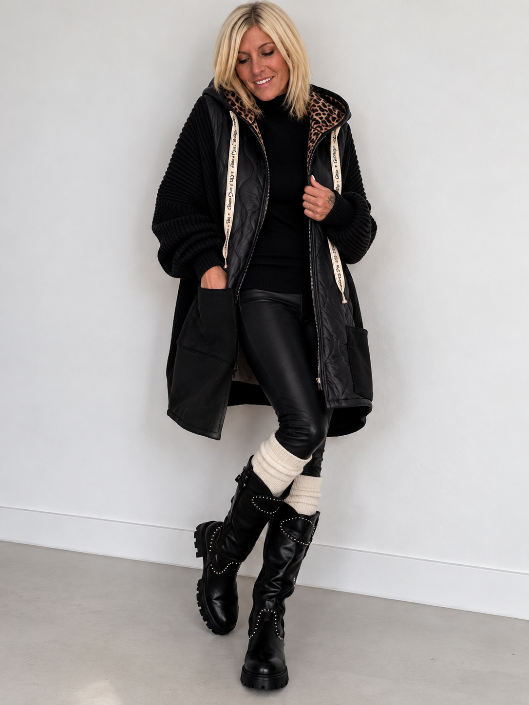 Oversized jacket in a mixed material design - black