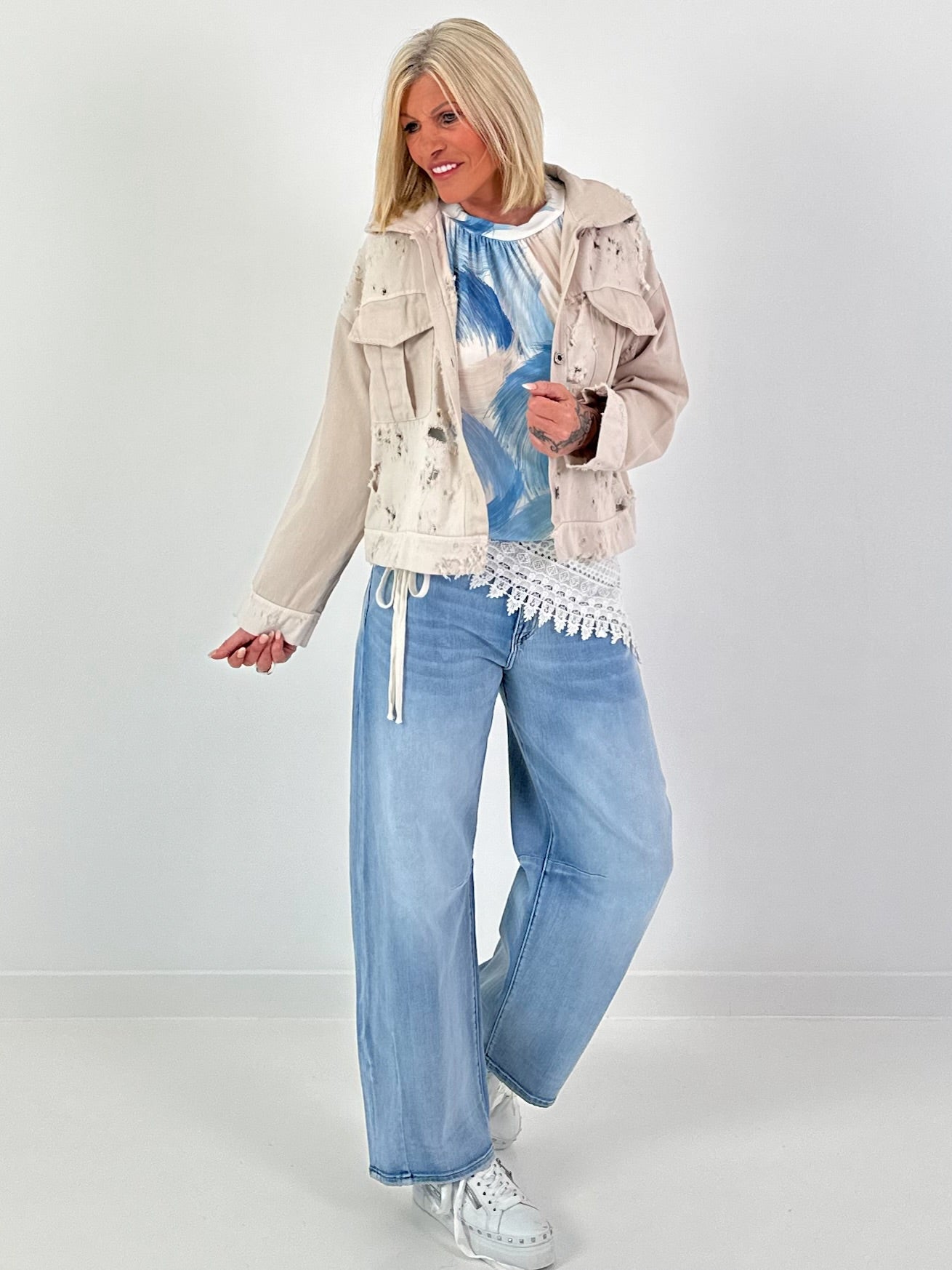Distressed Denim Jacket - Beige