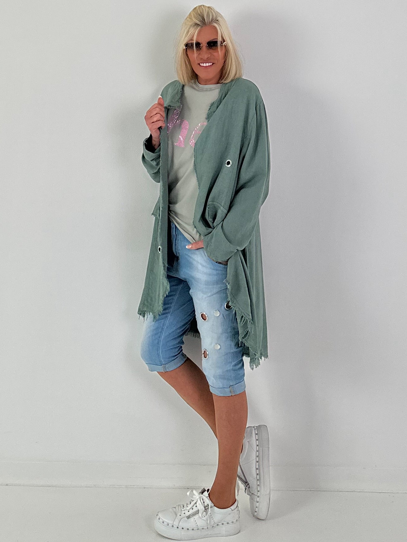 Linen Short Coat with Eyelets - Khaki