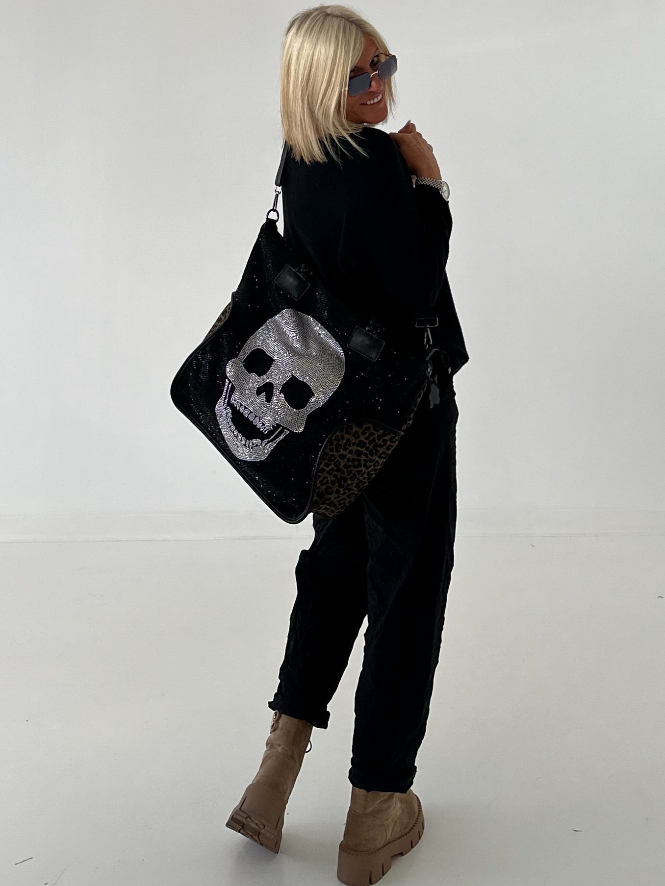 Stylish Canvas Bag with Genuine Leather Details Skull - black-silver-leopard mocha