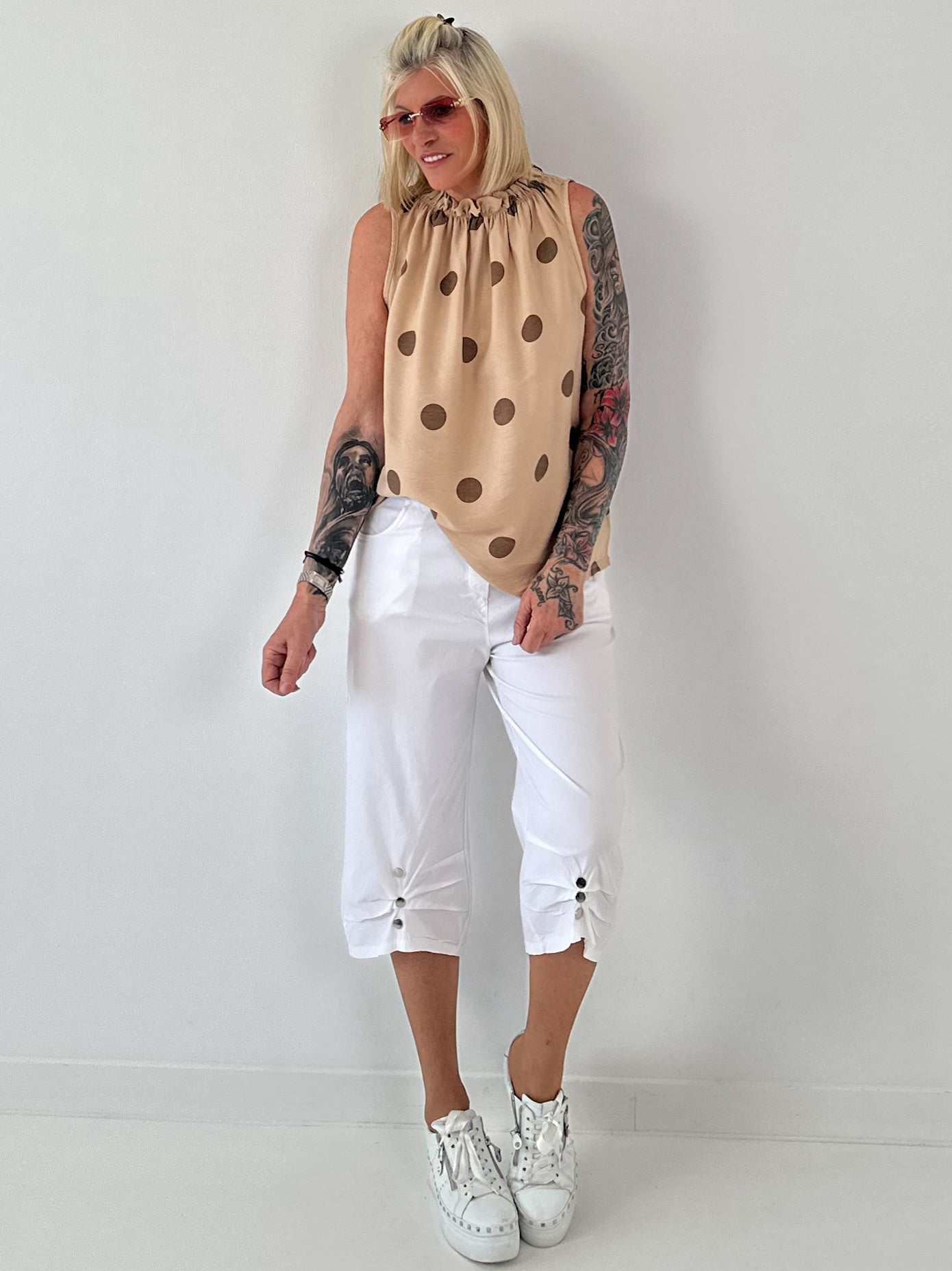 Striped top with ruffled collar - taupe-dark brown