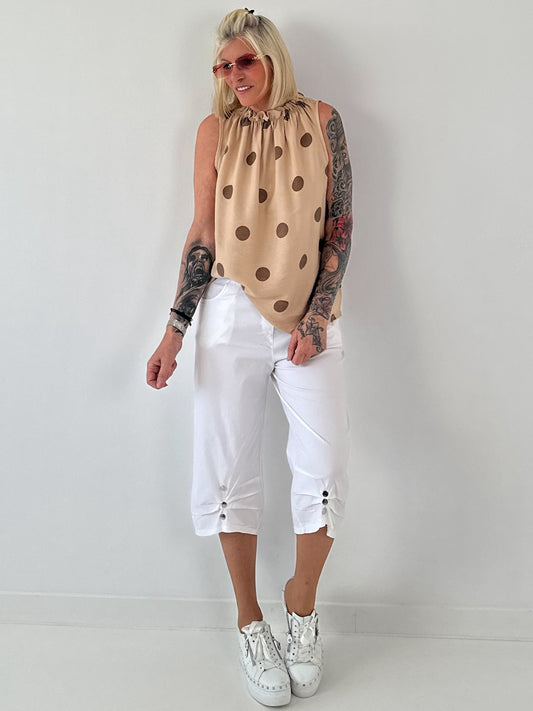 Tupfen Top mit Rüschenkragen - camel