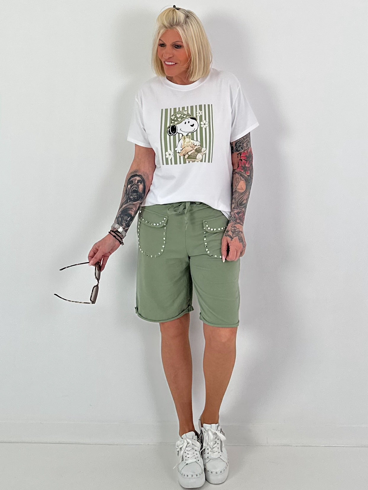 T-shirt met comicprint op de voorkant - wit-khaki