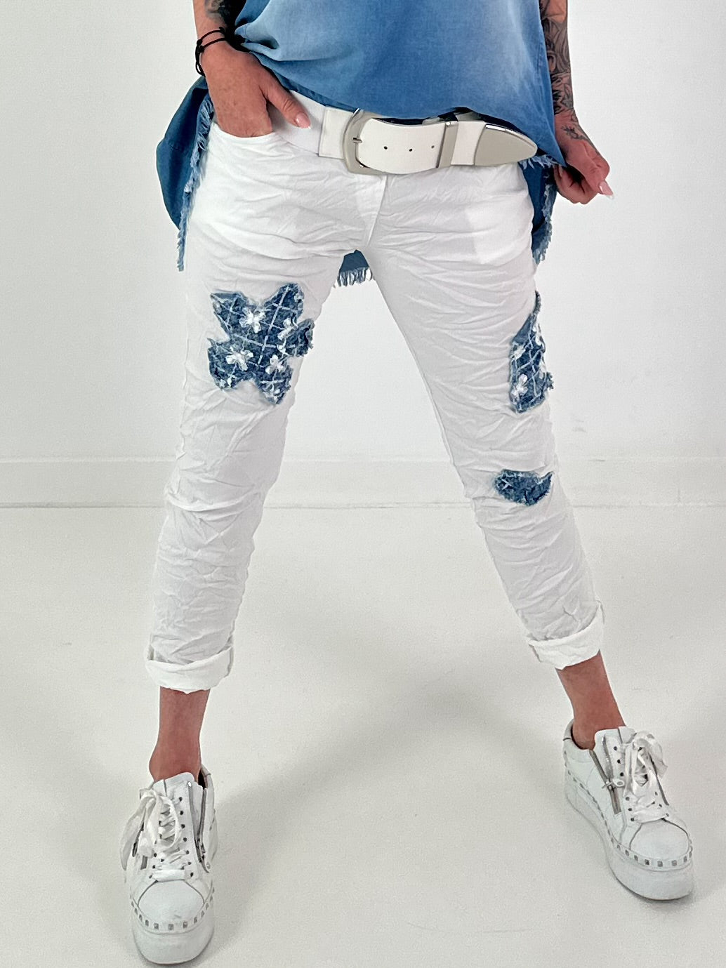 Trousers with denim and sequin details - white