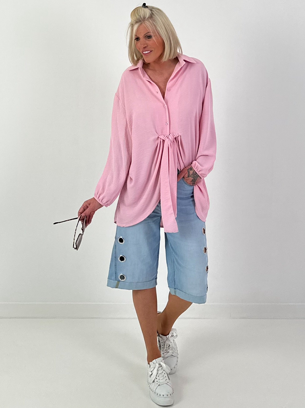 Long blouse with tie — pink