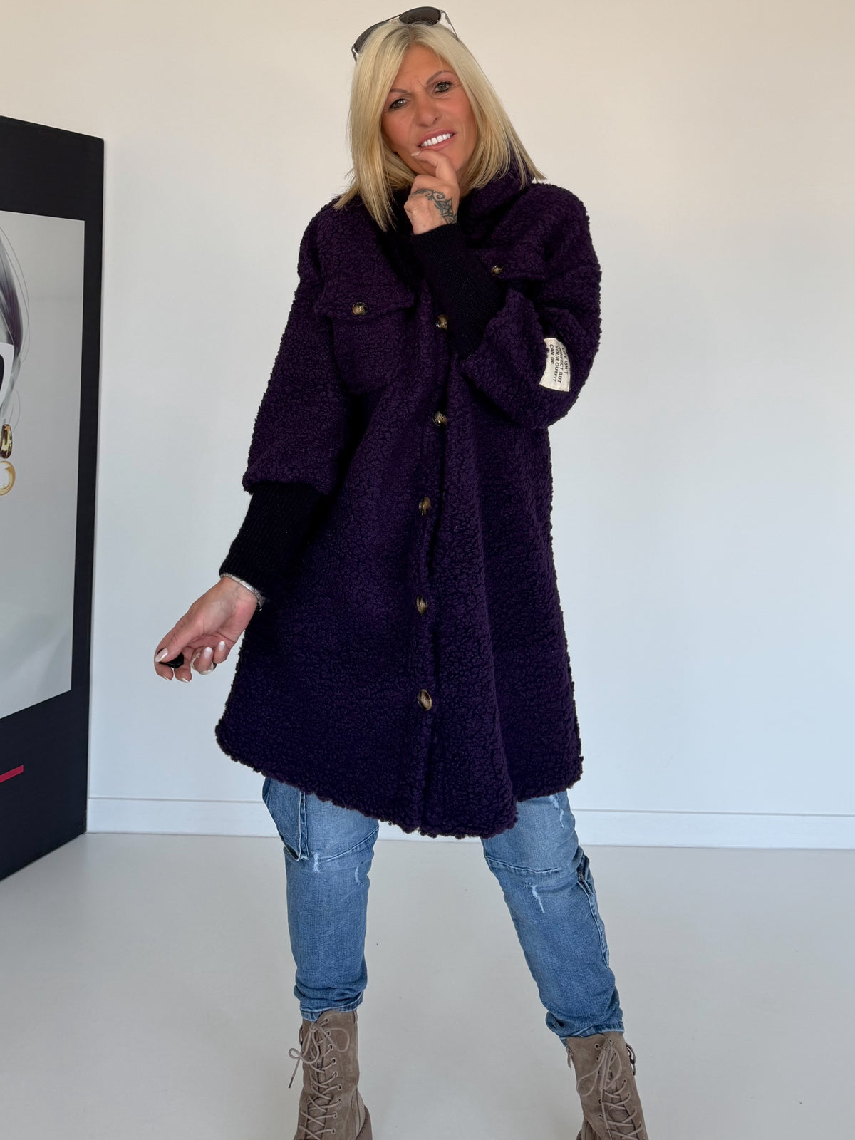 Teddymantel met mouwen met polswarmers - paars