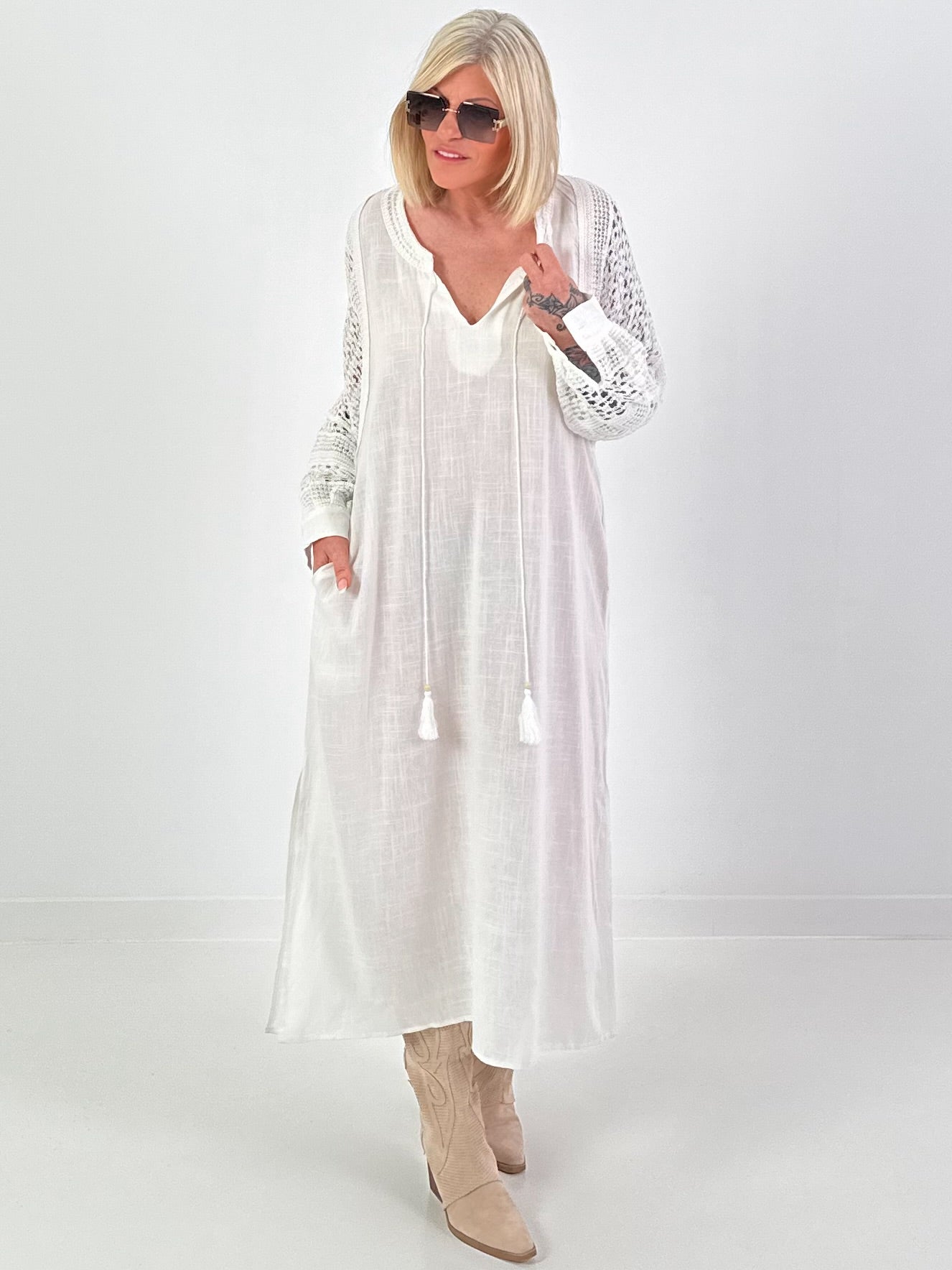 Linen Dress with Crochet Inserts - White