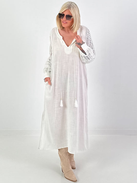 Linen Dress with Crochet Inserts - White