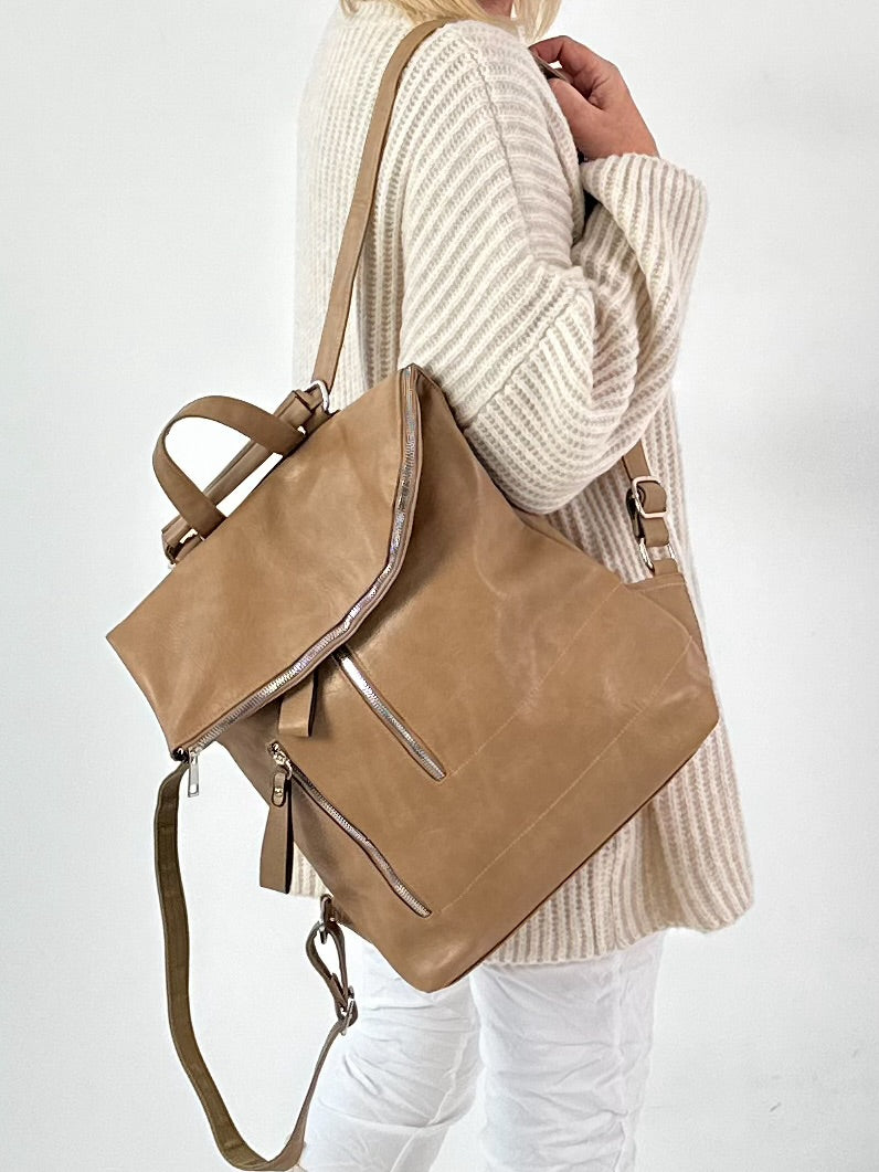 Leather-look backpack, model "City Fold" - taupe