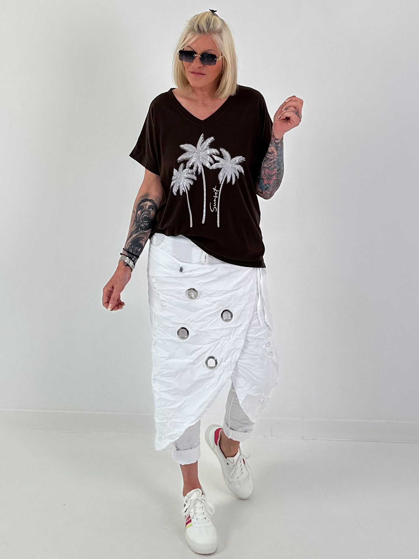 T-Shirt mit Glitzerpalmen - schoko