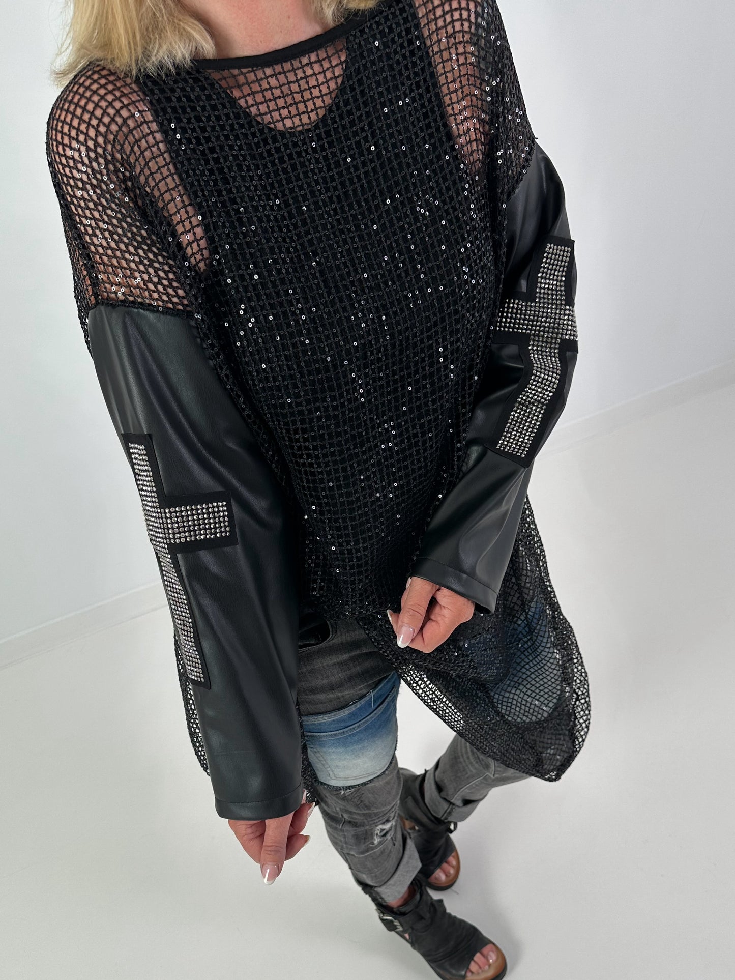 Stylish Long Mesh Shirt with Cross Details - black