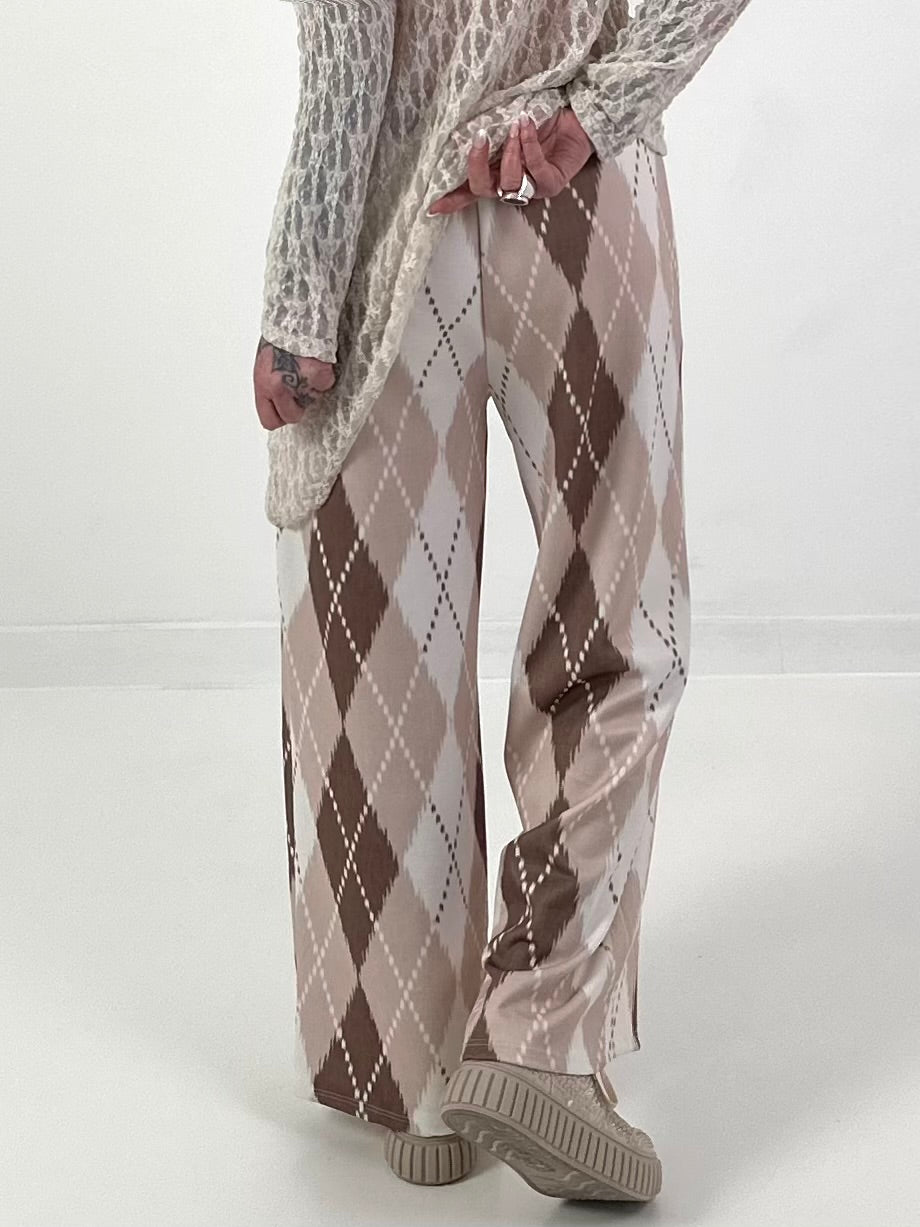 Hose mit Rautenmuster - beige-braun-weiss