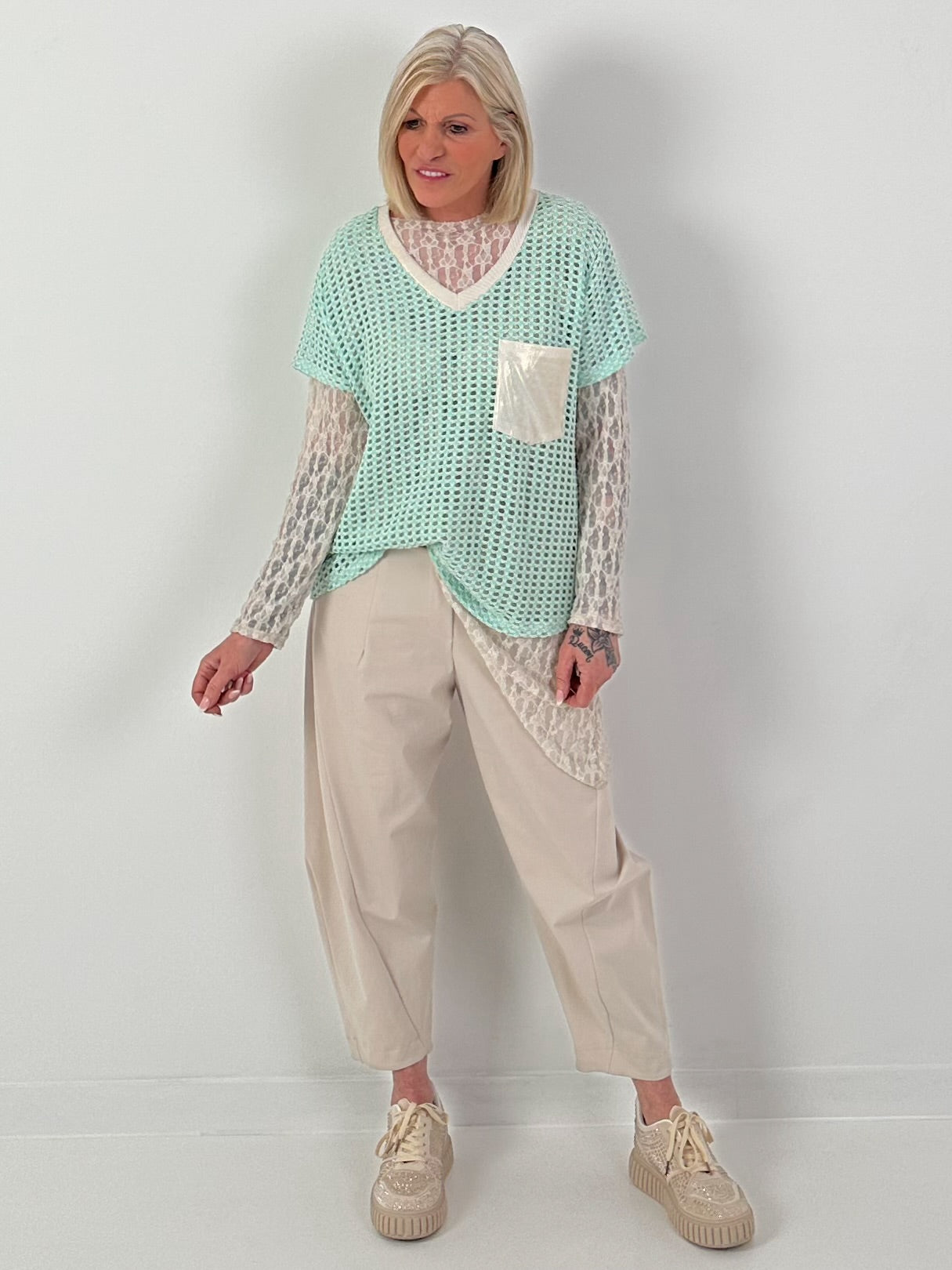 Häkelshirt mit V-Ausschnitt - mint