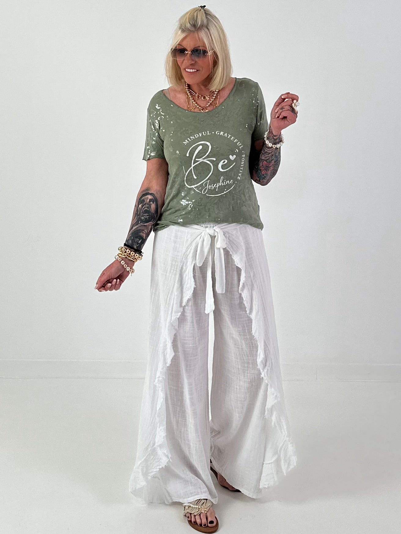 T-Shirt mit transparenten Pailletten - khaki