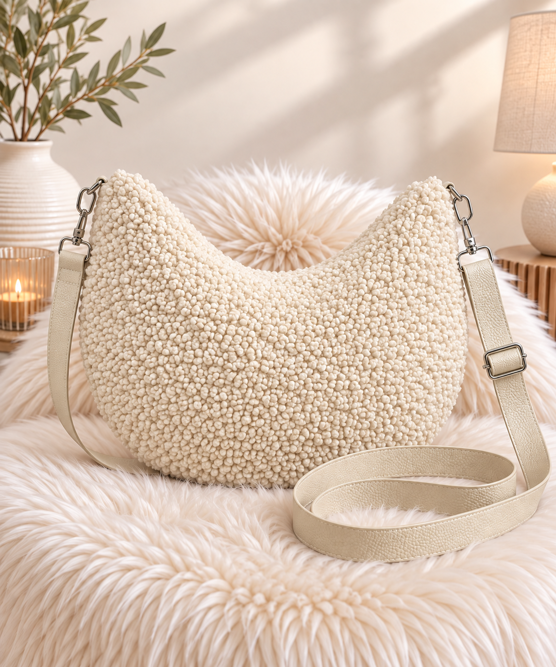 XXL crossbodytas in teddykrul-look - beige