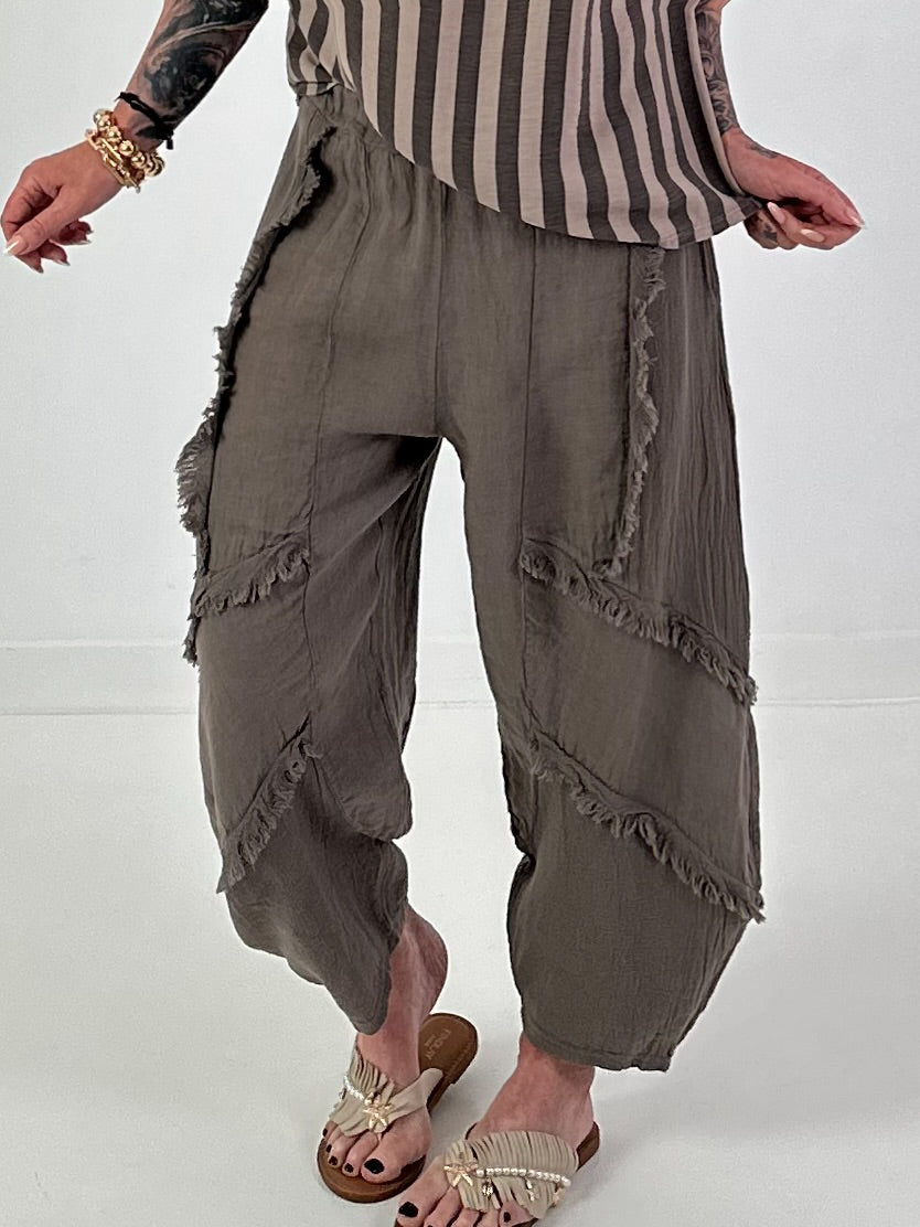 Balloon Linen Trousers with Fringe Details - taupe