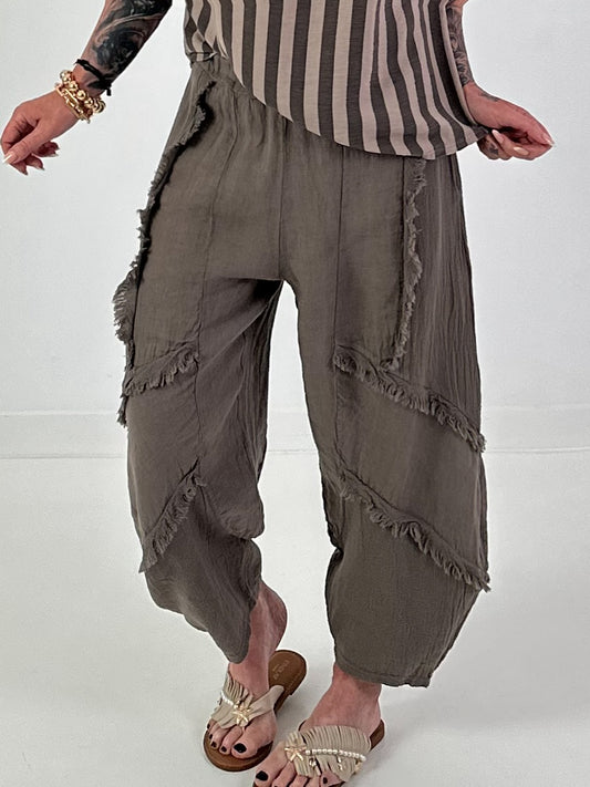 Balloon Linen Trousers with Fringe Details - taupe