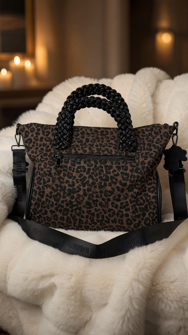 Stylish Canvas Bag with Genuine Leather Details Peace - black-silver-leopard chocolate