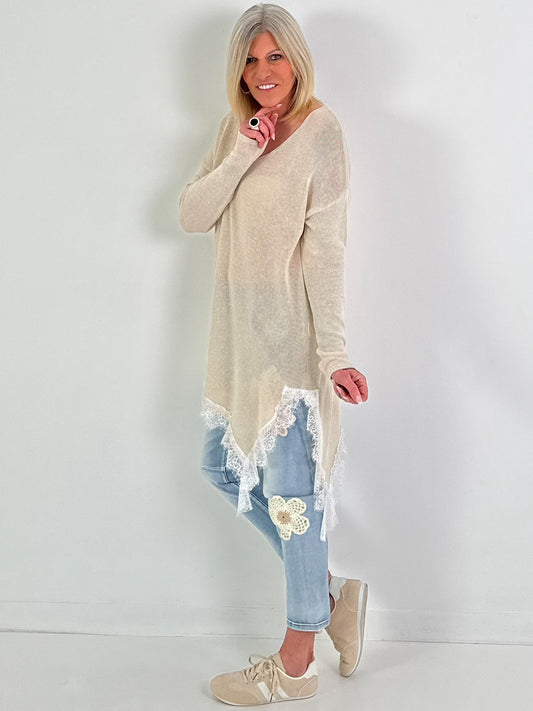 Strickpullover mit Spitze - beige