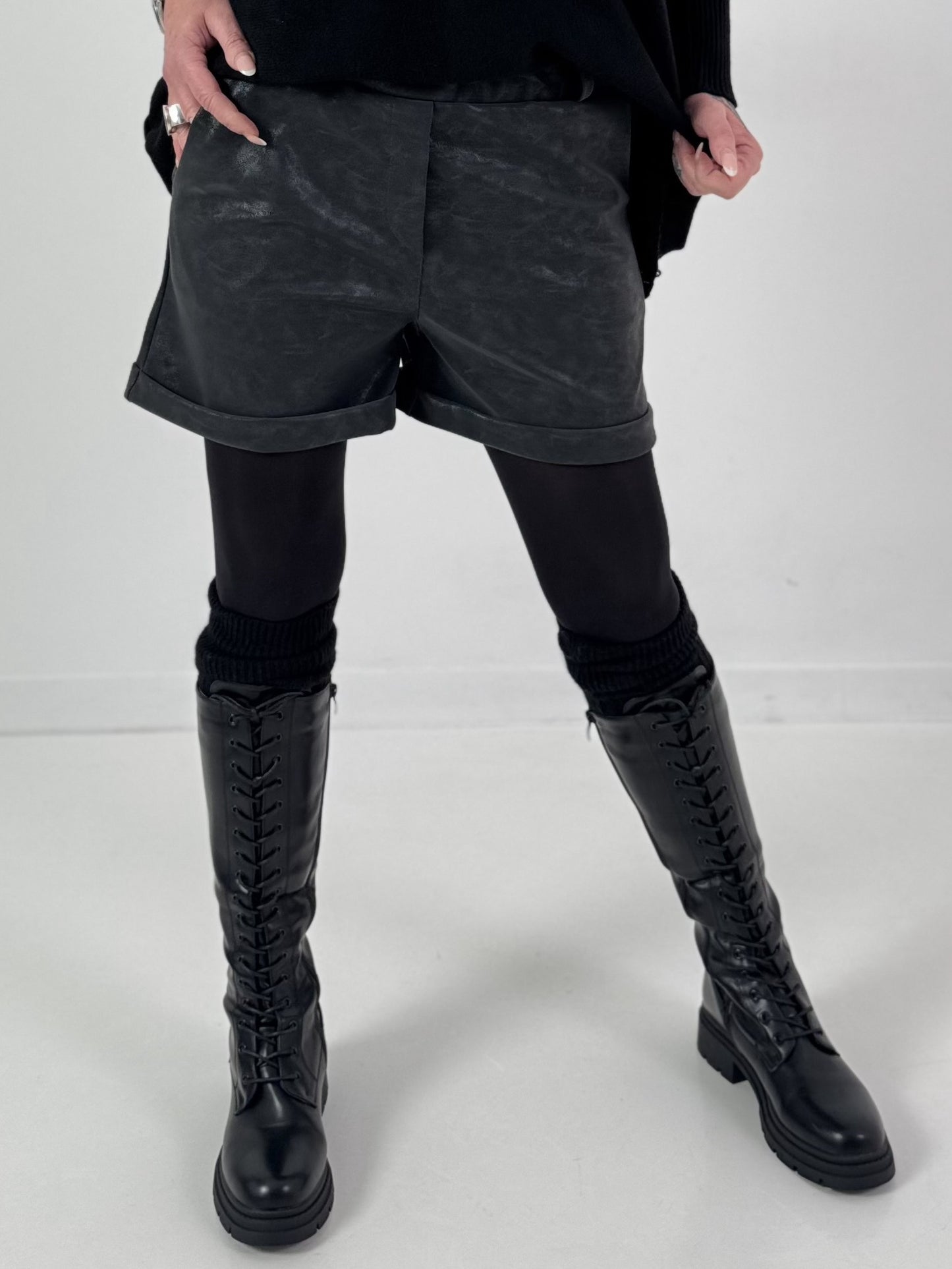 Leather-look shorts, model "Velvet Shine" - dark grey