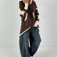 Casual long hoodie with thumb holes and trendy star elements - chocolate