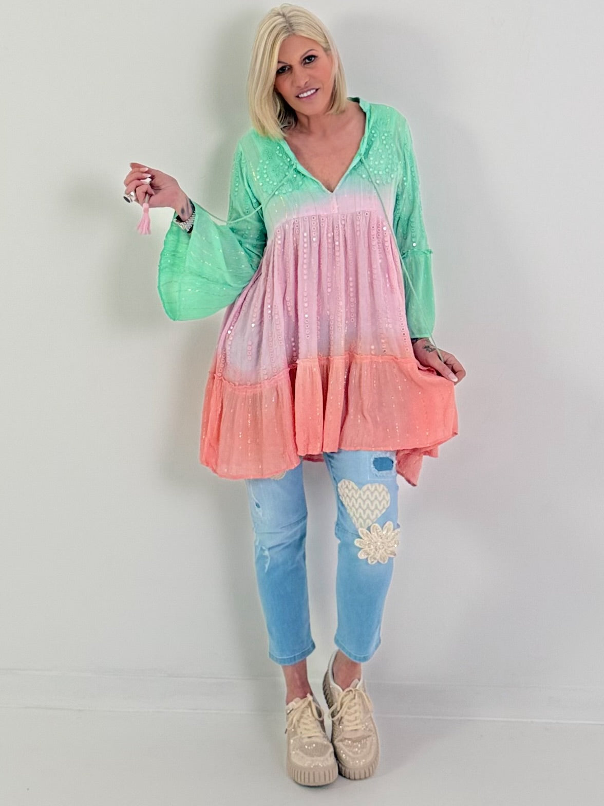 Ibiza Tunika/Kleid mit Lurexnähten - rosa-koralle-lindgrün