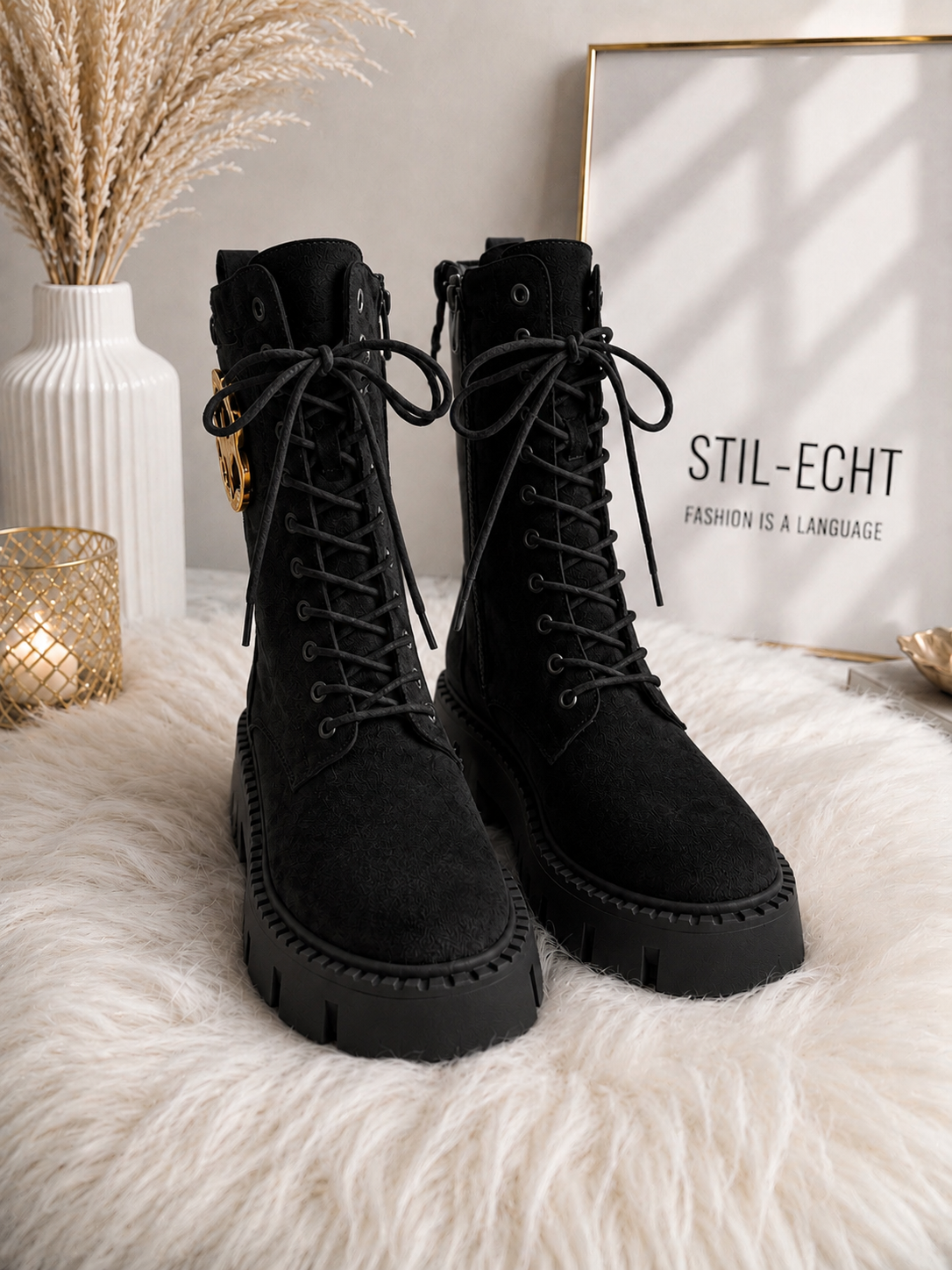 Faux suede ankle boot with chunky sole - black