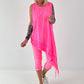 Asymmetrisches Long Top mit Ösen und Jeansdetail - neonpink